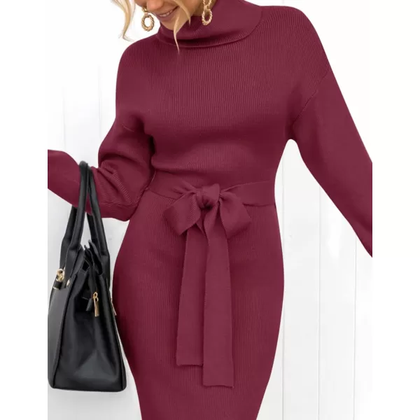 ZESICA Womens Turtleneck Sweater Midi Dress Long Sleeve Ribbed Knit Bodycon Slit Dress with BeltPlum