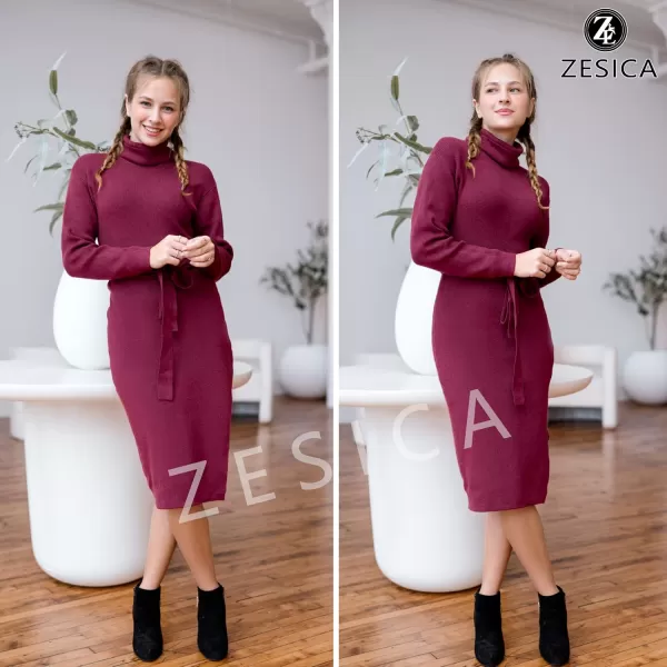 ZESICA Womens Turtleneck Sweater Midi Dress Long Sleeve Ribbed Knit Bodycon Slit Dress with BeltPlum