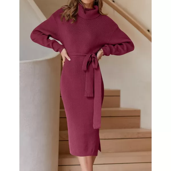 ZESICA Womens Turtleneck Sweater Midi Dress Long Sleeve Ribbed Knit Bodycon Slit Dress with BeltPlum