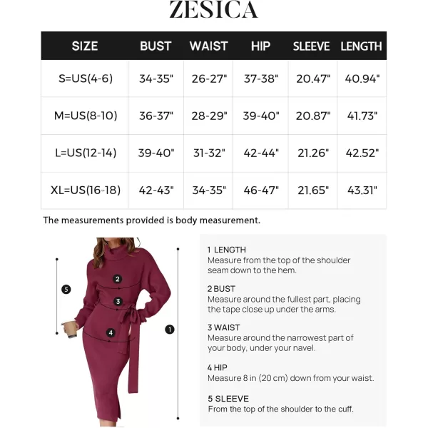 ZESICA Womens Turtleneck Sweater Midi Dress Long Sleeve Ribbed Knit Bodycon Slit Dress with BeltPlum