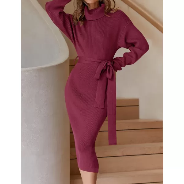 ZESICA Womens Turtleneck Sweater Midi Dress Long Sleeve Ribbed Knit Bodycon Slit Dress with BeltPlum