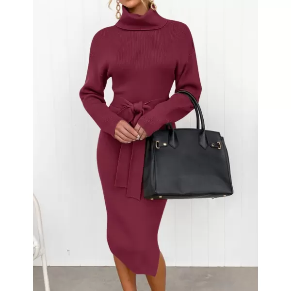 ZESICA Womens Turtleneck Sweater Midi Dress Long Sleeve Ribbed Knit Bodycon Slit Dress with BeltPlum