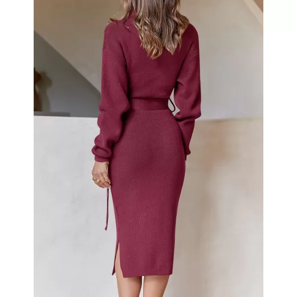 ZESICA Womens Turtleneck Sweater Midi Dress Long Sleeve Ribbed Knit Bodycon Slit Dress with BeltPlum