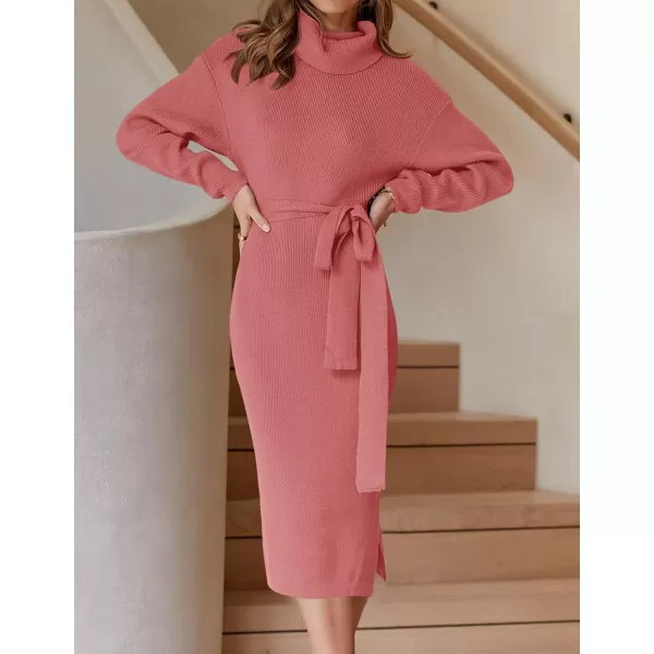 ZESICA Womens Turtleneck Sweater Midi Dress Long Sleeve Ribbed Knit Bodycon Slit Dress with BeltRose