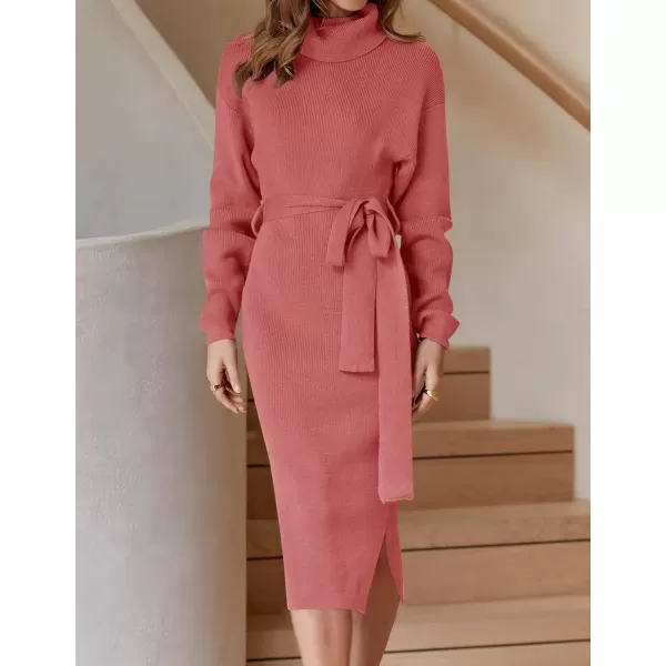 ZESICA Womens Turtleneck Sweater Midi Dress Long Sleeve Ribbed Knit Bodycon Slit Dress with BeltRose