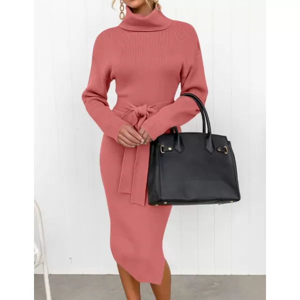 ZESICA Womens Turtleneck Sweater Midi Dress Long Sleeve Ribbed Knit Bodycon Slit Dress with BeltRose