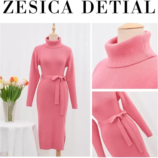 ZESICA Womens Turtleneck Sweater Midi Dress Long Sleeve Ribbed Knit Bodycon Slit Dress with BeltRose