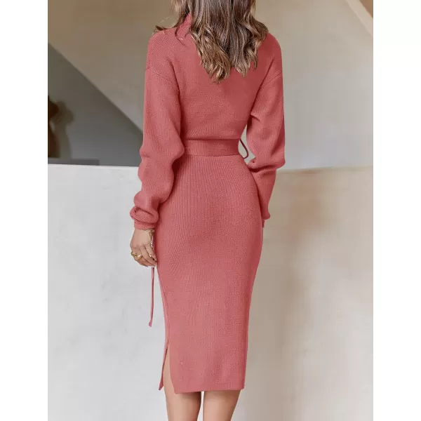 ZESICA Womens Turtleneck Sweater Midi Dress Long Sleeve Ribbed Knit Bodycon Slit Dress with BeltRose