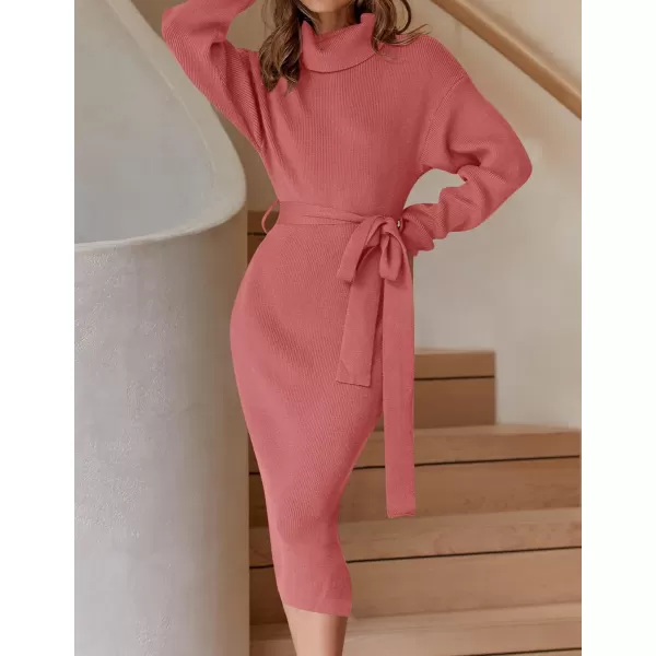 ZESICA Womens Turtleneck Sweater Midi Dress Long Sleeve Ribbed Knit Bodycon Slit Dress with BeltRose