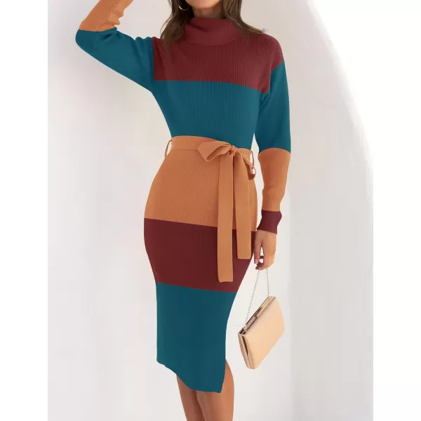 ZESICA Womens Turtleneck Sweater Midi Dress Long Sleeve Ribbed Knit Bodycon Slit Dress with BeltTeal