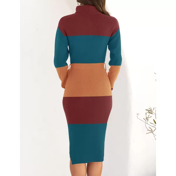 ZESICA Womens Turtleneck Sweater Midi Dress Long Sleeve Ribbed Knit Bodycon Slit Dress with BeltTeal