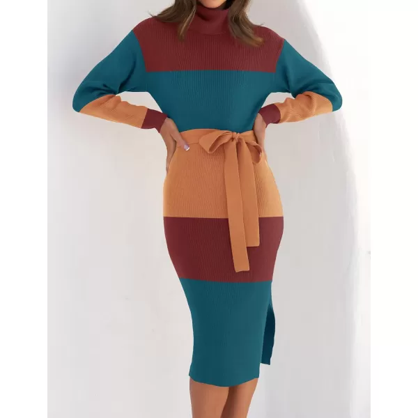 ZESICA Womens Turtleneck Sweater Midi Dress Long Sleeve Ribbed Knit Bodycon Slit Dress with BeltTeal