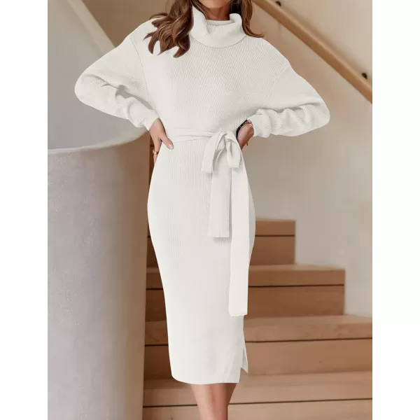 ZESICA Womens Turtleneck Sweater Midi Dress Long Sleeve Ribbed Knit Bodycon Slit Dress with BeltWhite