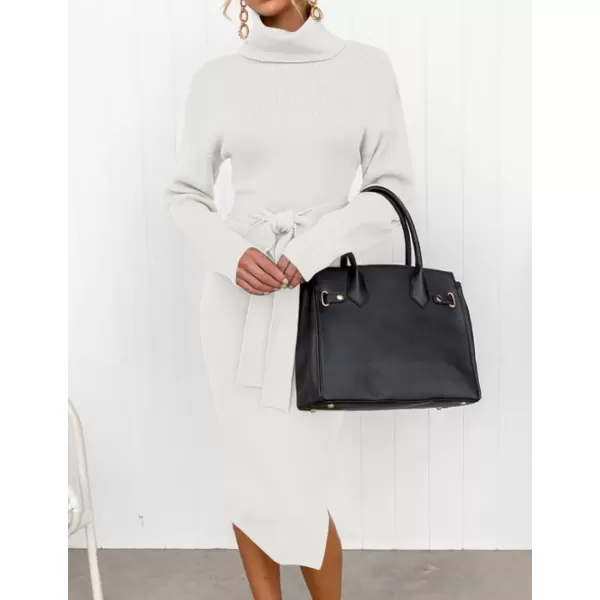 ZESICA Womens Turtleneck Sweater Midi Dress Long Sleeve Ribbed Knit Bodycon Slit Dress with BeltWhite