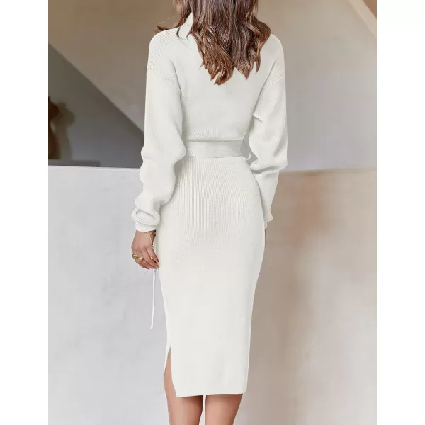 ZESICA Womens Turtleneck Sweater Midi Dress Long Sleeve Ribbed Knit Bodycon Slit Dress with BeltWhite