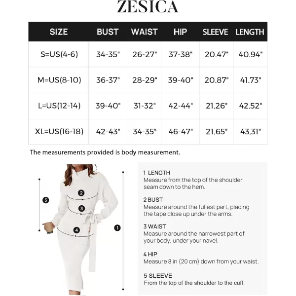 ZESICA Womens Turtleneck Sweater Midi Dress Long Sleeve Ribbed Knit Bodycon Slit Dress with BeltWhite