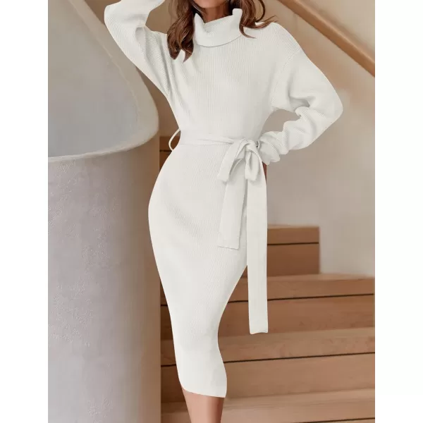ZESICA Womens Turtleneck Sweater Midi Dress Long Sleeve Ribbed Knit Bodycon Slit Dress with BeltWhite