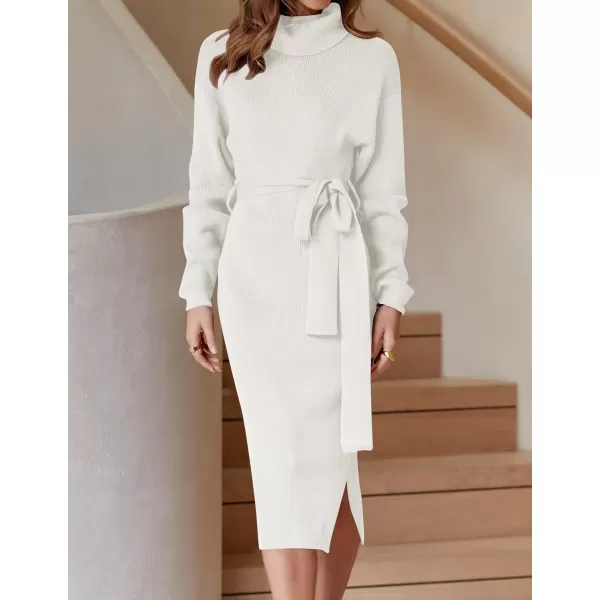 ZESICA Womens Turtleneck Sweater Midi Dress Long Sleeve Ribbed Knit Bodycon Slit Dress with BeltWhite