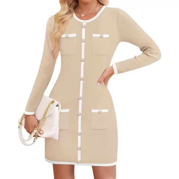 ZESICA Fall Dresses for Women 2024 Long Sleeve Button Color Block Knit Bodycon Short Sweater Dresses with PocketsApricot
