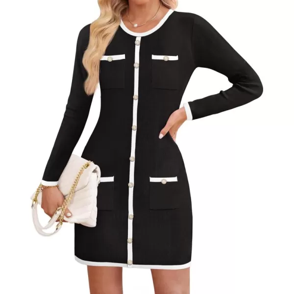 ZESICA Fall Dresses for Women 2024 Long Sleeve Button Color Block Knit Bodycon Short Sweater Dresses with PocketsBlack