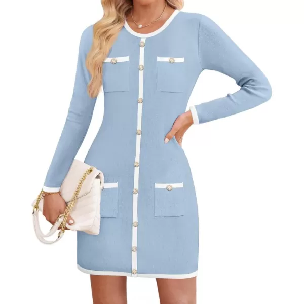 ZESICA Fall Dresses for Women 2024 Long Sleeve Button Color Block Knit Bodycon Short Sweater Dresses with PocketsBlue