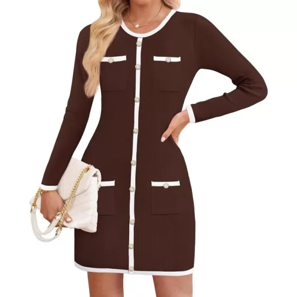 ZESICA Fall Dresses for Women 2024 Long Sleeve Button Color Block Knit Bodycon Short Sweater Dresses with PocketsCoffee