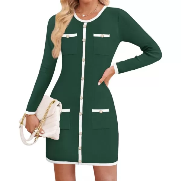 ZESICA Fall Dresses for Women 2024 Long Sleeve Button Color Block Knit Bodycon Short Sweater Dresses with PocketsGreen