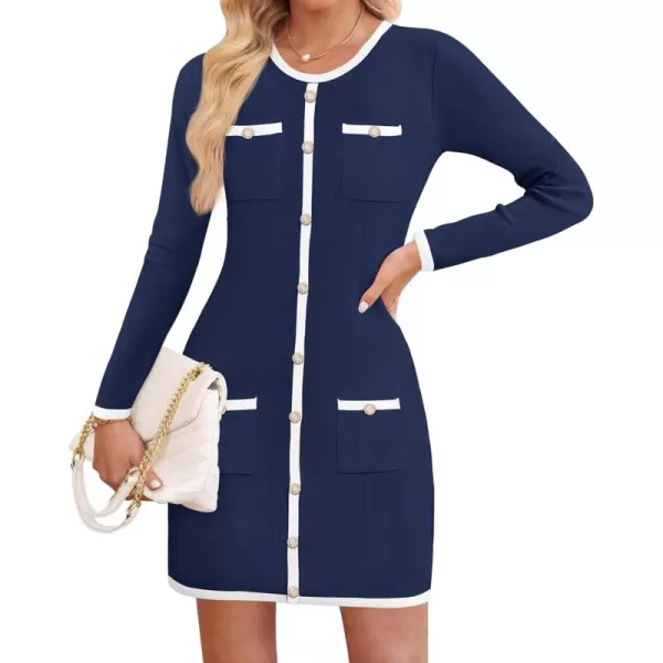 ZESICA Fall Dresses for Women 2024 Long Sleeve Button Color Block Knit Bodycon Short Sweater Dresses with PocketsNavy