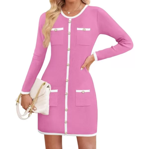 ZESICA Fall Dresses for Women 2024 Long Sleeve Button Color Block Knit Bodycon Short Sweater Dresses with PocketsPink