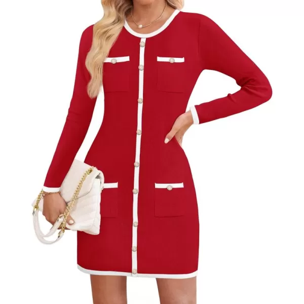 ZESICA Fall Dresses for Women 2024 Long Sleeve Button Color Block Knit Bodycon Short Sweater Dresses with PocketsRed