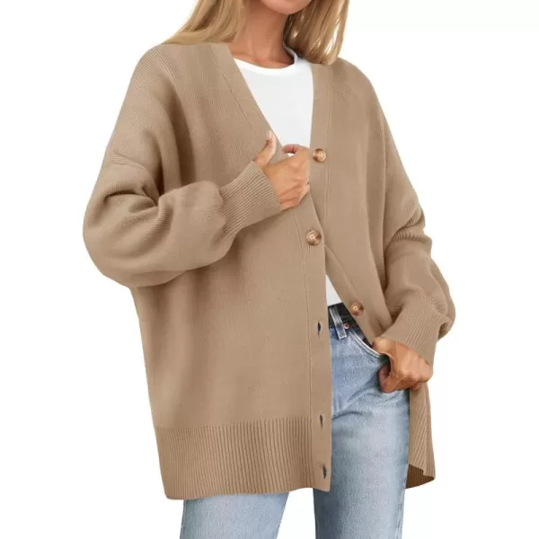 ZESICA Womens 2024 Casual Long Sleeve Cardigan V Neck Button Down Open Front Knit Loose Oversized Sweater CoatKhaki