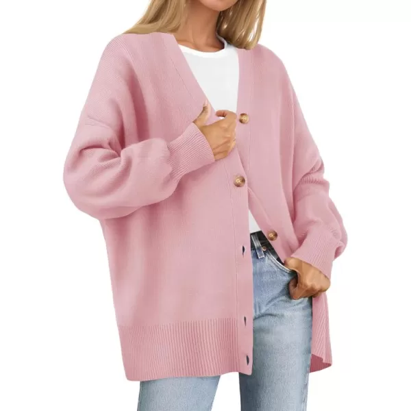 ZESICA Womens 2024 Casual Long Sleeve Cardigan V Neck Button Down Open Front Knit Loose Oversized Sweater CoatPink