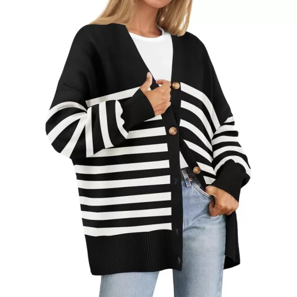ZESICA Womens 2024 Casual Long Sleeve Cardigan V Neck Button Down Open Front Knit Loose Oversized Sweater CoatStriped