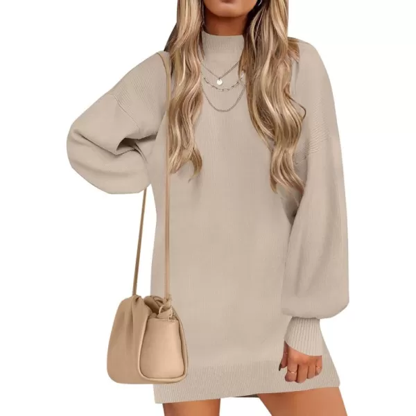 ZESICA Womens 2024 Fall Turtleneck Sweaters Dress Oversized Long Lantern Sleeve Casual Knit Pullover Short DressesAlmond