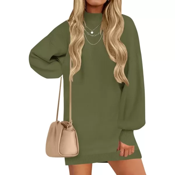 ZESICA Womens 2024 Fall Turtleneck Sweaters Dress Oversized Long Lantern Sleeve Casual Knit Pullover Short DressesArmygreen
