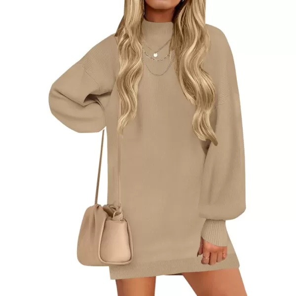 ZESICA Womens 2024 Fall Turtleneck Sweaters Dress Oversized Long Lantern Sleeve Casual Knit Pullover Short DressesLightcamel
