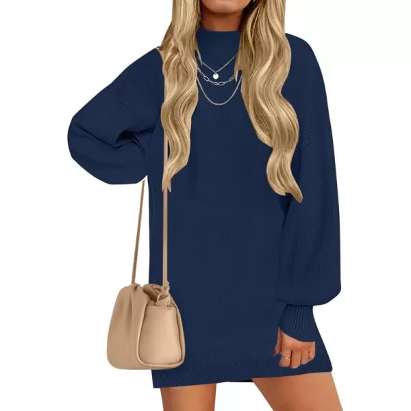 ZESICA Womens 2024 Fall Turtleneck Sweaters Dress Oversized Long Lantern Sleeve Casual Knit Pullover Short DressesNavy