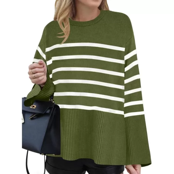 ZESICA Womens 2024 Fall Winter Striped Long Sleeve Crew Neck Ribbed Knit Side Slit Oversized Pullover Sweater Jumper TopArmygreen