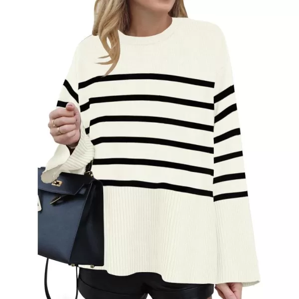ZESICA Womens 2024 Fall Winter Striped Long Sleeve Crew Neck Ribbed Knit Side Slit Oversized Pullover Sweater Jumper TopBeige