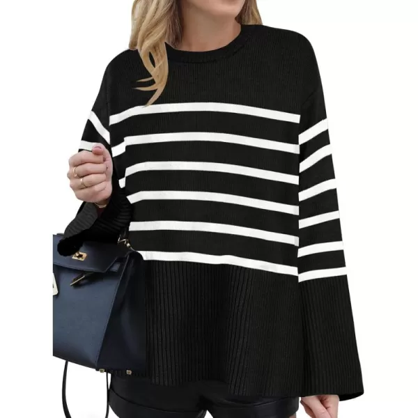 ZESICA Womens 2024 Fall Winter Striped Long Sleeve Crew Neck Ribbed Knit Side Slit Oversized Pullover Sweater Jumper TopBlack