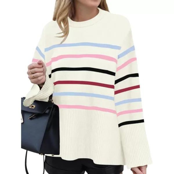 ZESICA Womens 2024 Fall Winter Striped Long Sleeve Crew Neck Ribbed Knit Side Slit Oversized Pullover Sweater Jumper TopBluepink