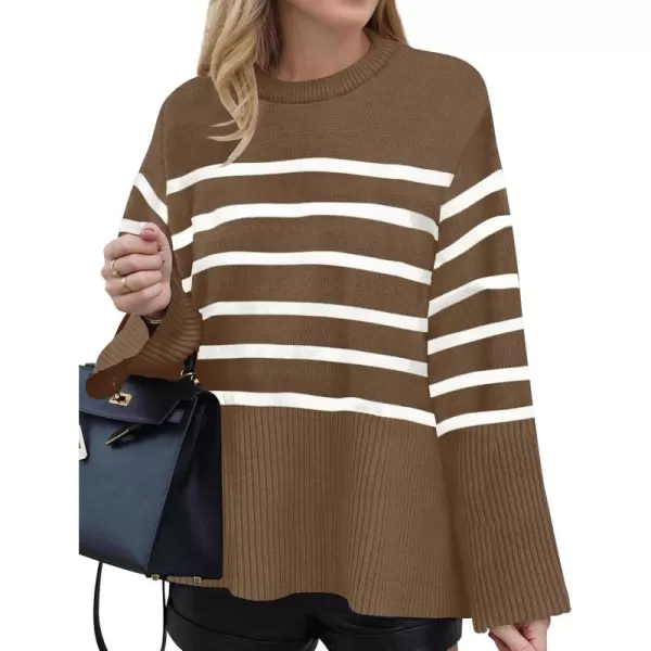 ZESICA Womens 2024 Fall Winter Striped Long Sleeve Crew Neck Ribbed Knit Side Slit Oversized Pullover Sweater Jumper TopBrown