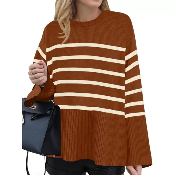 ZESICA Womens 2024 Fall Winter Striped Long Sleeve Crew Neck Ribbed Knit Side Slit Oversized Pullover Sweater Jumper TopCaramel