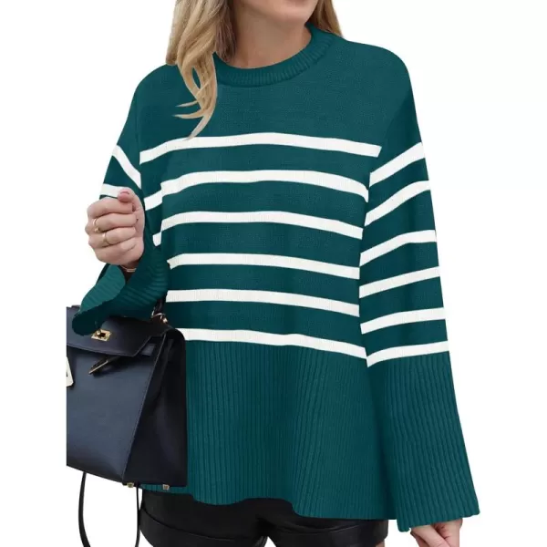 ZESICA Womens 2024 Fall Winter Striped Long Sleeve Crew Neck Ribbed Knit Side Slit Oversized Pullover Sweater Jumper TopDarkgreen
