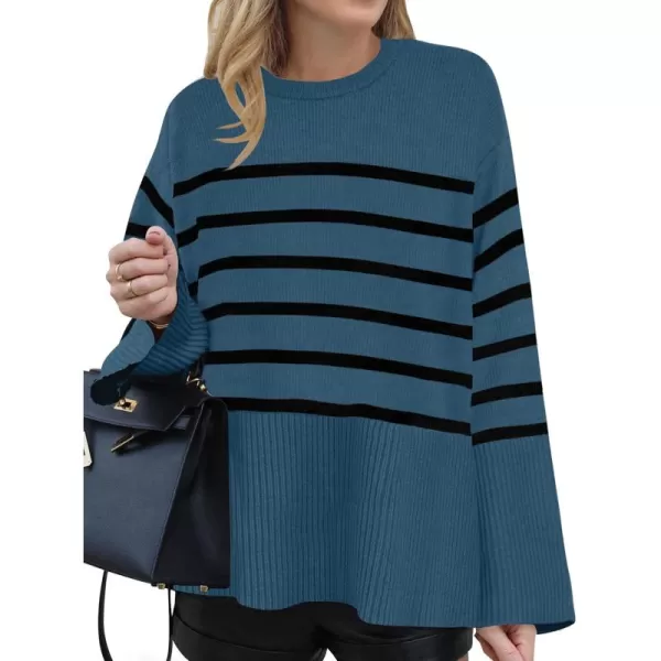 ZESICA Womens 2024 Fall Winter Striped Long Sleeve Crew Neck Ribbed Knit Side Slit Oversized Pullover Sweater Jumper TopDustyblue