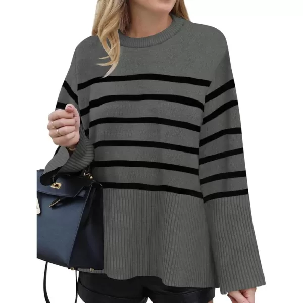 ZESICA Womens 2024 Fall Winter Striped Long Sleeve Crew Neck Ribbed Knit Side Slit Oversized Pullover Sweater Jumper TopGrey