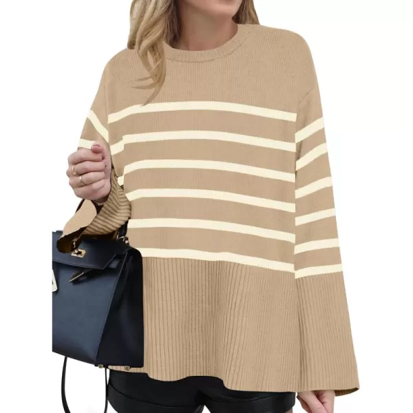 ZESICA Womens 2024 Fall Winter Striped Long Sleeve Crew Neck Ribbed Knit Side Slit Oversized Pullover Sweater Jumper TopKhaki