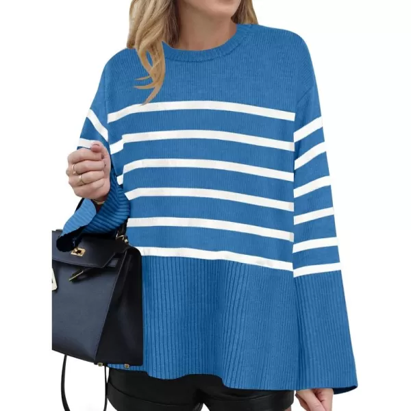 ZESICA Womens 2024 Fall Winter Striped Long Sleeve Crew Neck Ribbed Knit Side Slit Oversized Pullover Sweater Jumper TopLakeblue
