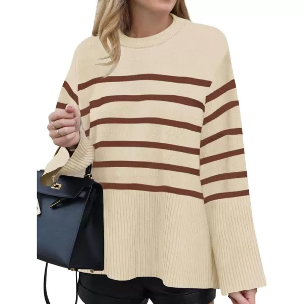 ZESICA Womens 2024 Fall Winter Striped Long Sleeve Crew Neck Ribbed Knit Side Slit Oversized Pullover Sweater Jumper TopLightcoffee