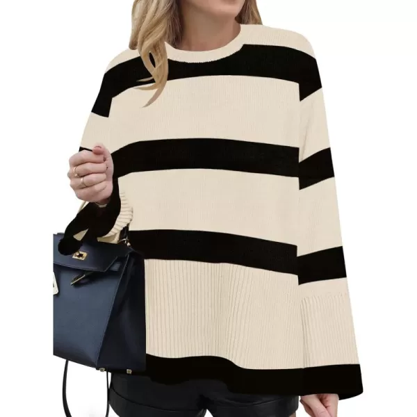 ZESICA Womens 2024 Fall Winter Striped Long Sleeve Crew Neck Ribbed Knit Side Slit Oversized Pullover Sweater Jumper TopNatural